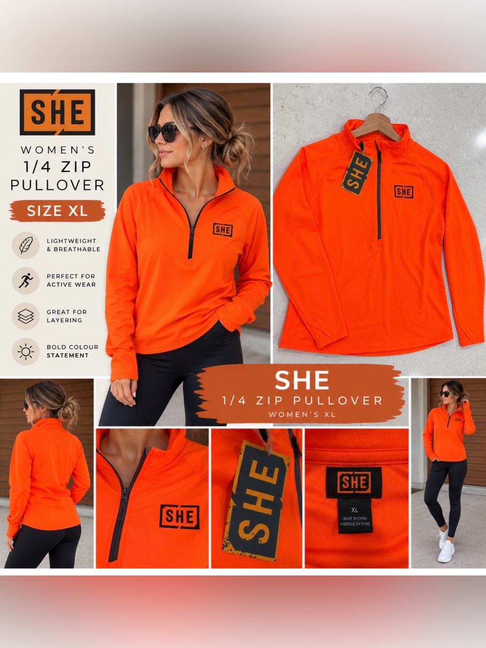 SHE Women’s 1/4 Zip Pullover – Orange – XL 🧡